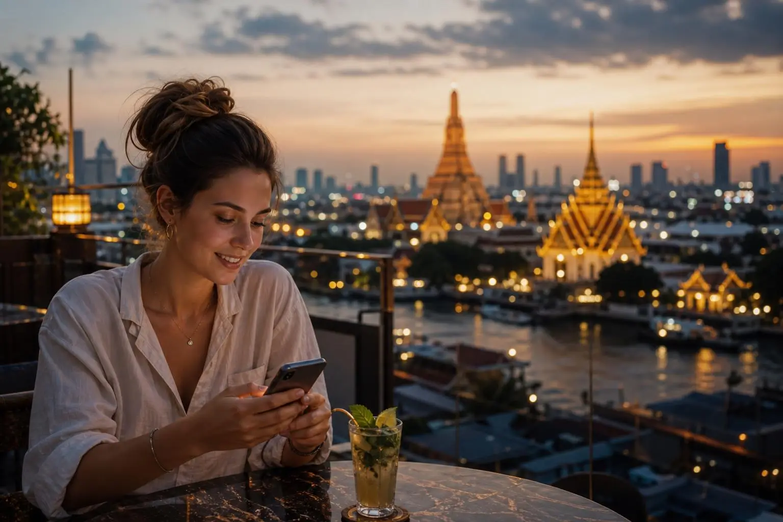 Touriste à l’aéroport utilisant son iPhone pour activer une eSIM Thaïlande